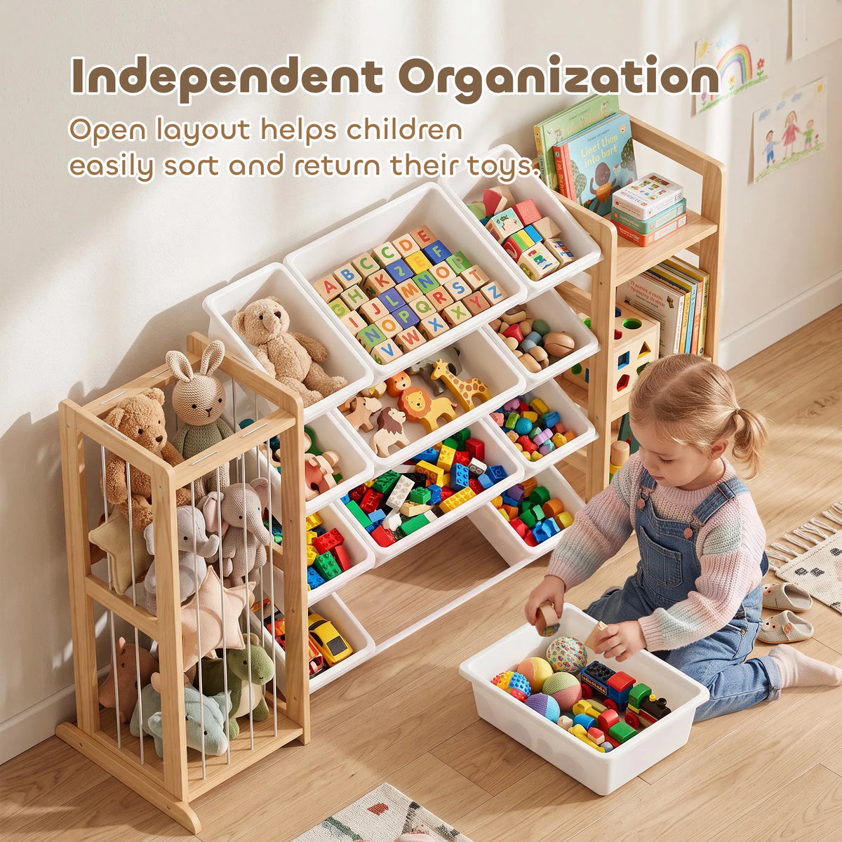 3‑in‑1 Wooden Kids Toy Storage Organizer with 12 Removable Bins, Bookshelf & Stuffed Animal Storage for Bedroom Playroom Nursery