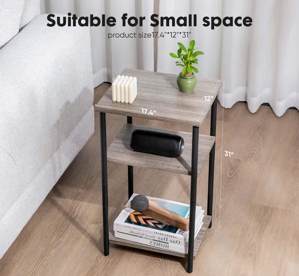 Aeelleea 3-Tier Side End Table, Adjustable Height Nightstand Storage Shelf, Space Saving Accent Table for Bedroom Living Room Office