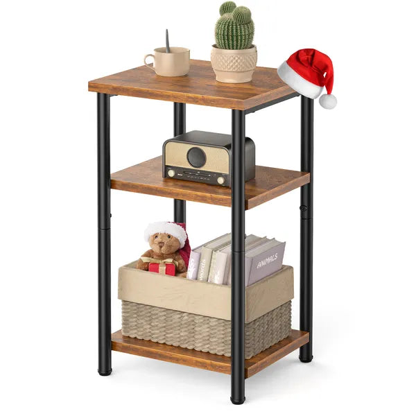 Aeelleea 3-Tier Side End Table, Adjustable Height Nightstand Storage Shelf, Space Saving Accent Table for Bedroom Living Room Office