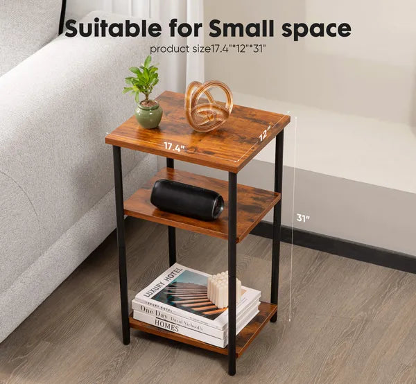 Aeelleea 3-Tier Side End Table, Adjustable Height Nightstand Storage Shelf, Space Saving Accent Table for Bedroom Living Room Office
