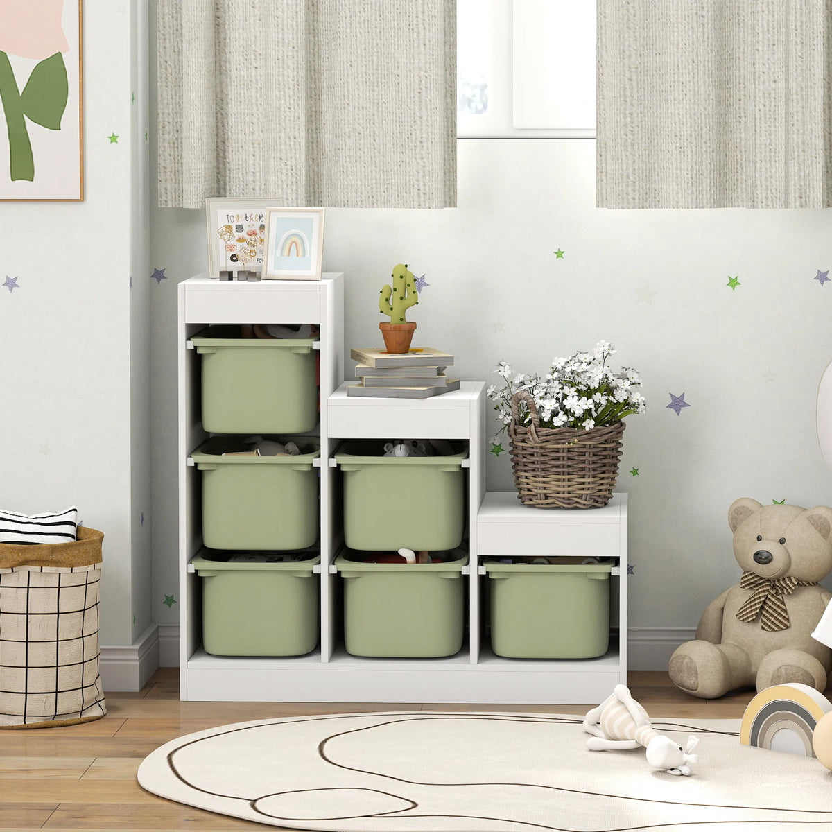 3-Tier Kids Toy Storage Organizer with 6 Removable Bins, Anti-Tipping Toy Bookshelf for Ages 3-8, Playroom Bedroom Storage, Green & White