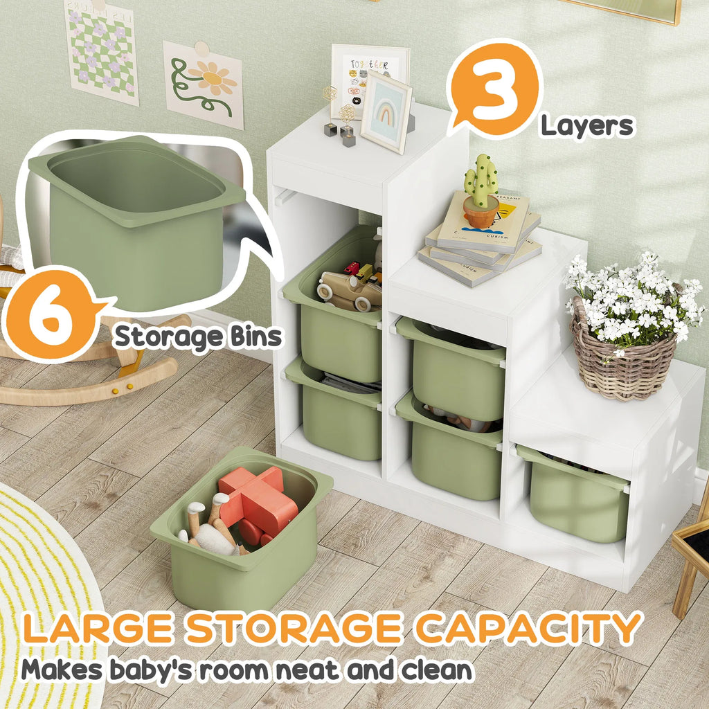 3-Tier Kids Toy Storage Organizer with 6 Removable Bins, Anti-Tipping Toy Bookshelf for Ages 3-8, Playroom Bedroom Storage, Green & White