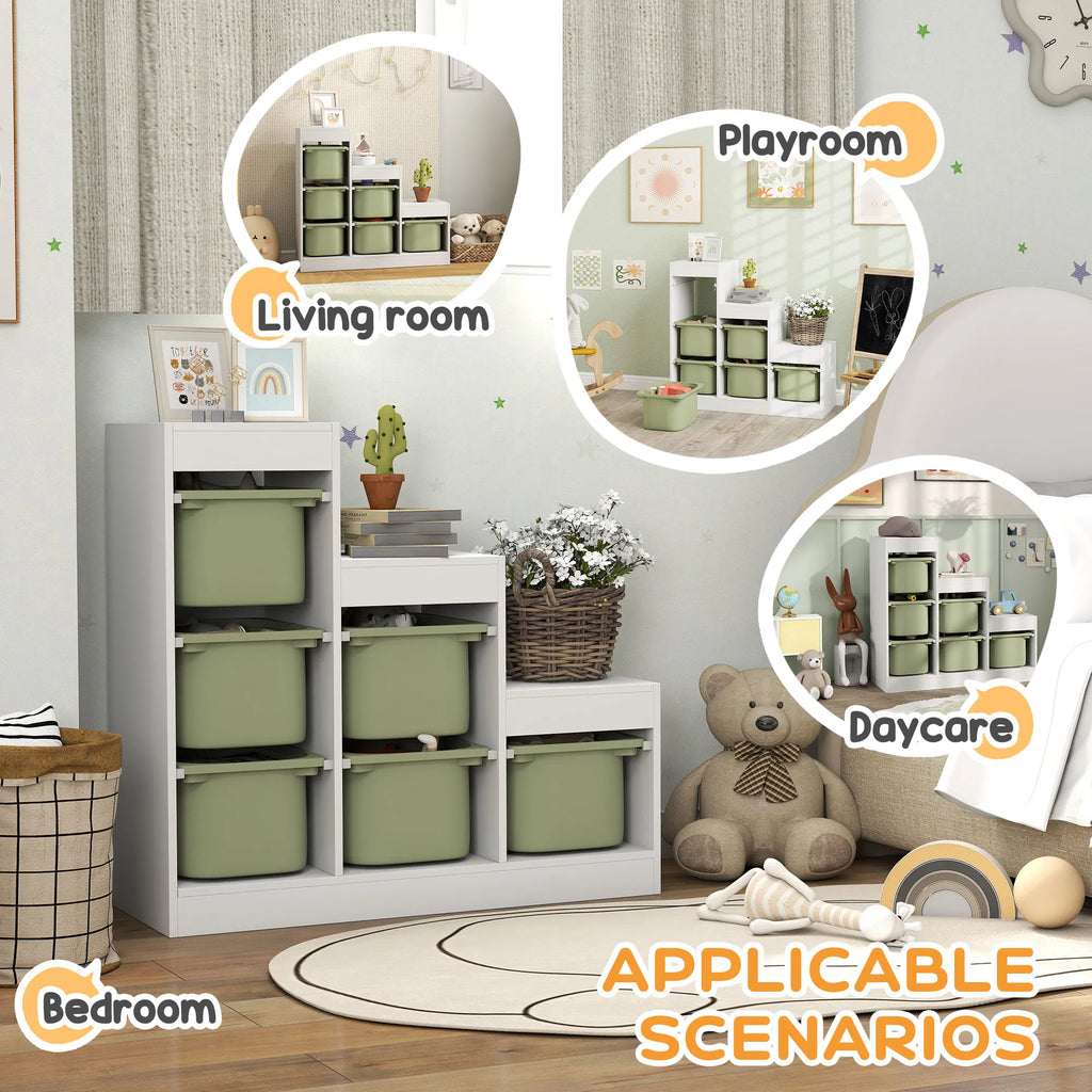 3-Tier Kids Toy Storage Organizer with 6 Removable Bins, Anti-Tipping Toy Bookshelf for Ages 3-8, Playroom Bedroom Storage, Green & White