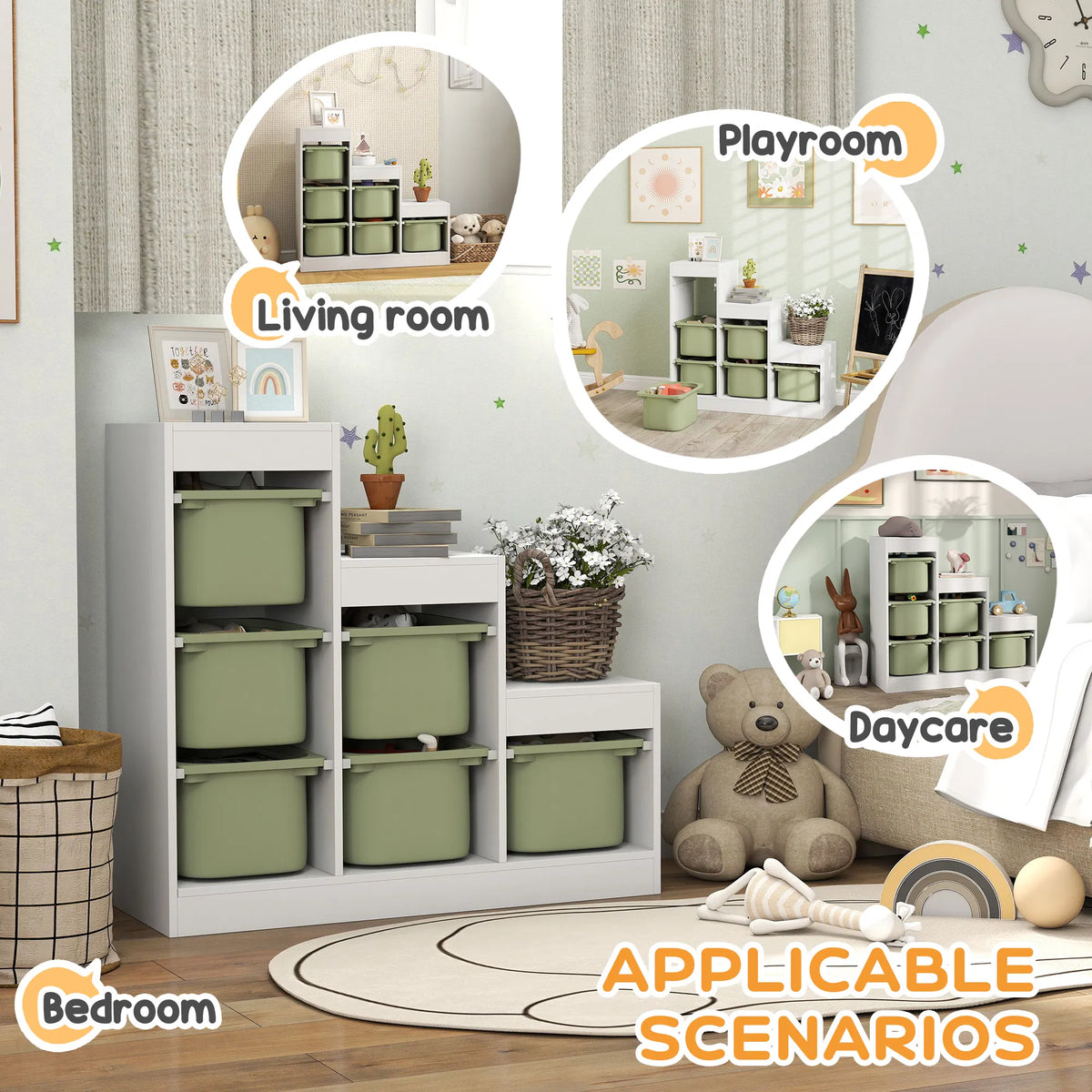 3-Tier Kids Toy Storage Organizer with 6 Removable Bins, Anti-Tipping Toy Bookshelf for Ages 3-8, Playroom Bedroom Storage, Green & White