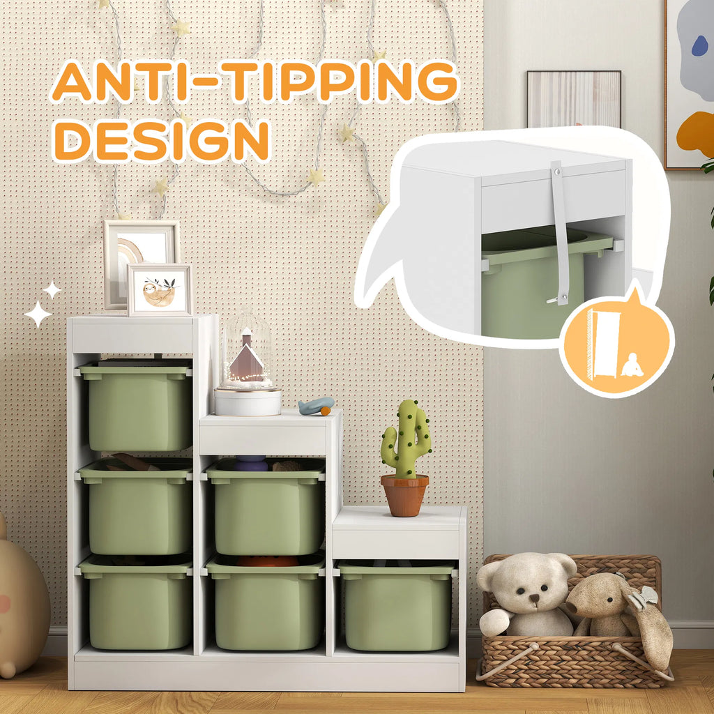 3-Tier Kids Toy Storage Organizer with 6 Removable Bins, Anti-Tipping Toy Bookshelf for Ages 3-8, Playroom Bedroom Storage, Green & White