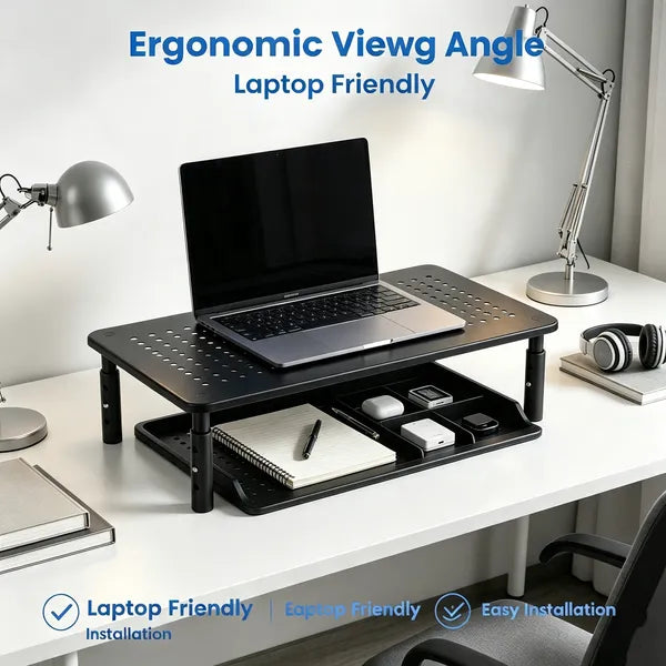 Aeelleea 14.37in x9.05in Adjustable Monitor Stand,3 Height Levels Metal Ventilated Riser,Supports Up to 44lbs,Easy Assembly for Home Office Desktop