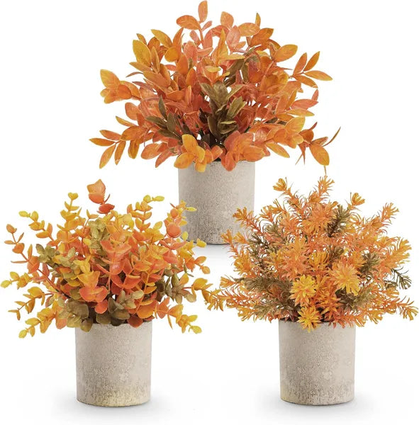 Aeelleea Set of 3 Fall Artificial Potted Eucalyptus Plants, Faux Plastic Foliage, Farmhouse Tabletop Autumn Decor for Home Office Desk Bathroom