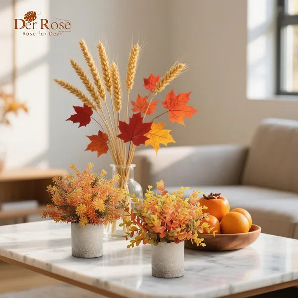 Aeelleea Set of 3 Fall Artificial Potted Eucalyptus Plants, Faux Plastic Foliage, Farmhouse Tabletop Autumn Decor for Home Office Desk Bathroom