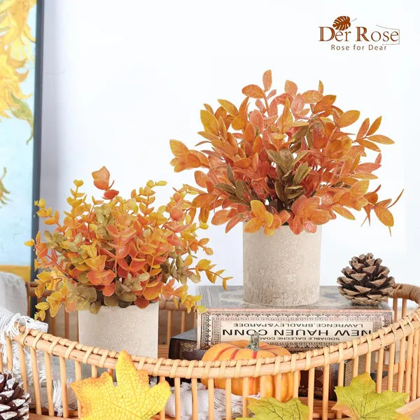 Aeelleea Set of 3 Fall Artificial Potted Eucalyptus Plants, Faux Plastic Foliage, Farmhouse Tabletop Autumn Decor for Home Office Desk Bathroom
