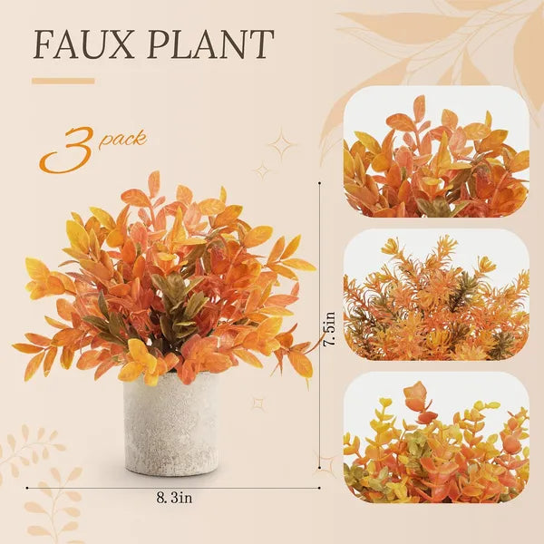 Aeelleea Set of 3 Fall Artificial Potted Eucalyptus Plants, Faux Plastic Foliage, Farmhouse Tabletop Autumn Decor for Home Office Desk Bathroom