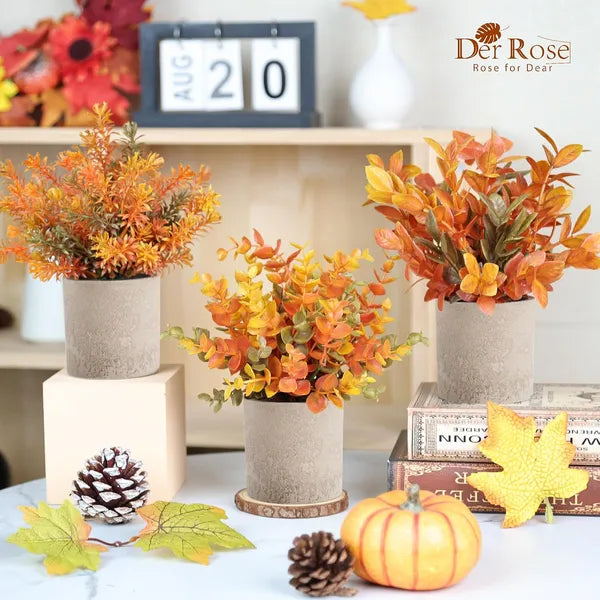 Aeelleea Set of 3 Fall Artificial Potted Eucalyptus Plants, Faux Plastic Foliage, Farmhouse Tabletop Autumn Decor for Home Office Desk Bathroom