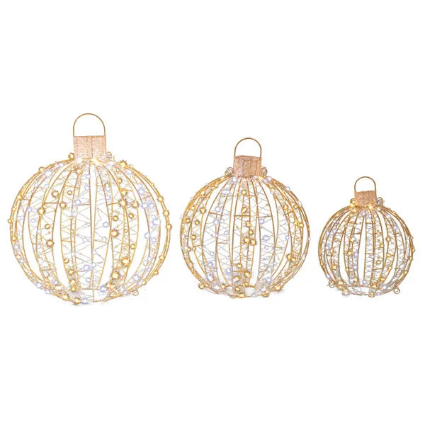 Aeelleea 3 Pack Golden Christmas LED Light Balls, 15",19",24" Pre-Lit Sphere Ornaments with Ground Stakes, Warm & White Lights for Yard Holiday Decor