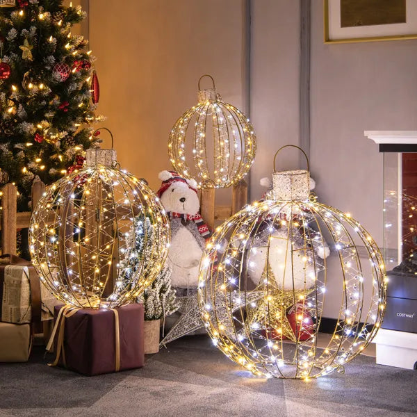 Aeelleea 3 Pack Golden Christmas LED Light Balls, 15",19",24" Pre-Lit Sphere Ornaments with Ground Stakes, Warm & White Lights for Yard Holiday Decor