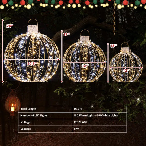 Aeelleea 3 Pack Golden Christmas LED Light Balls, 15",19",24" Pre-Lit Sphere Ornaments with Ground Stakes, Warm & White Lights for Yard Holiday Decor