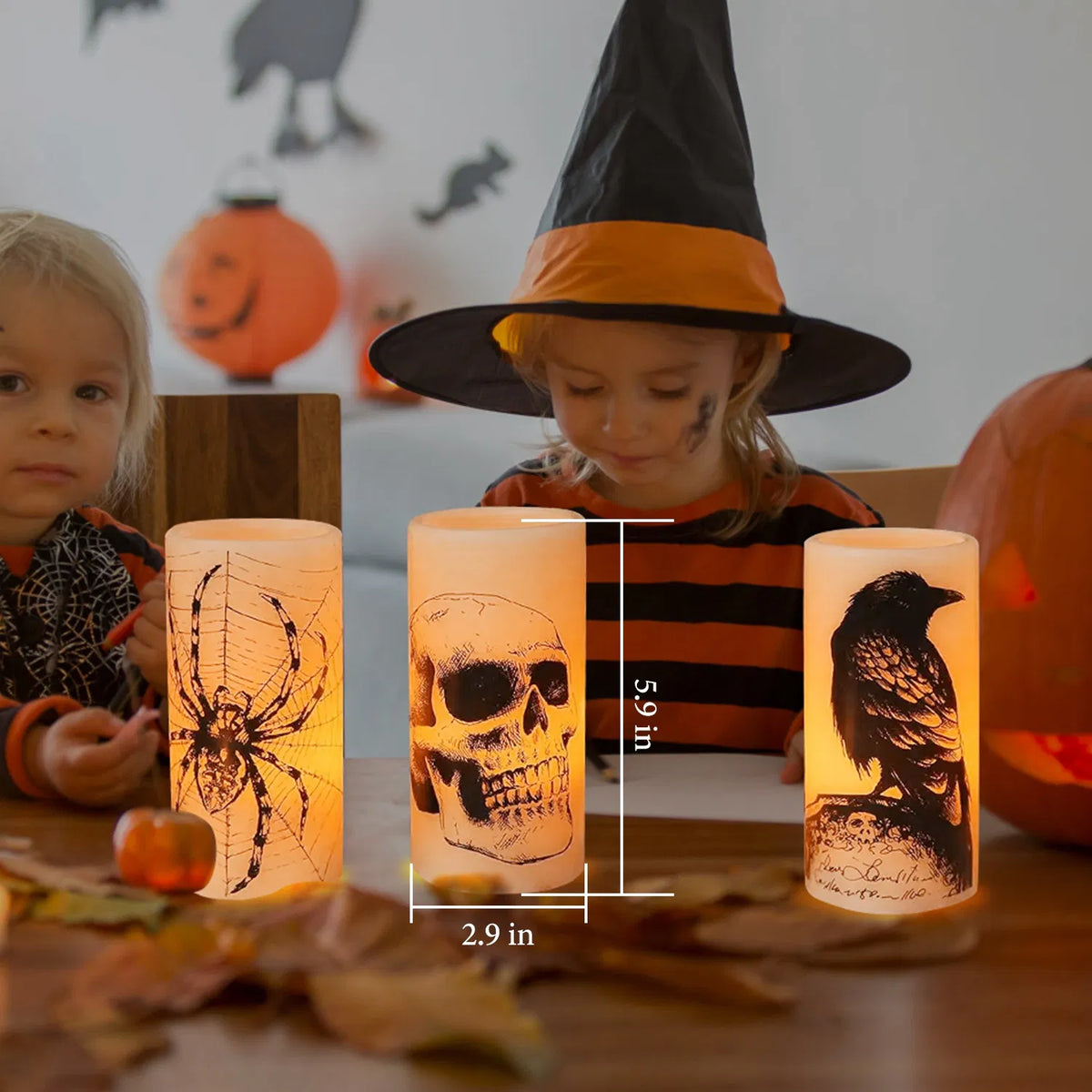 3-Pack Halloween Flameless LED Candles with 6H Timer, Battery Operated Spider Skull Crow Pillar Candles, Warm Orange Glow