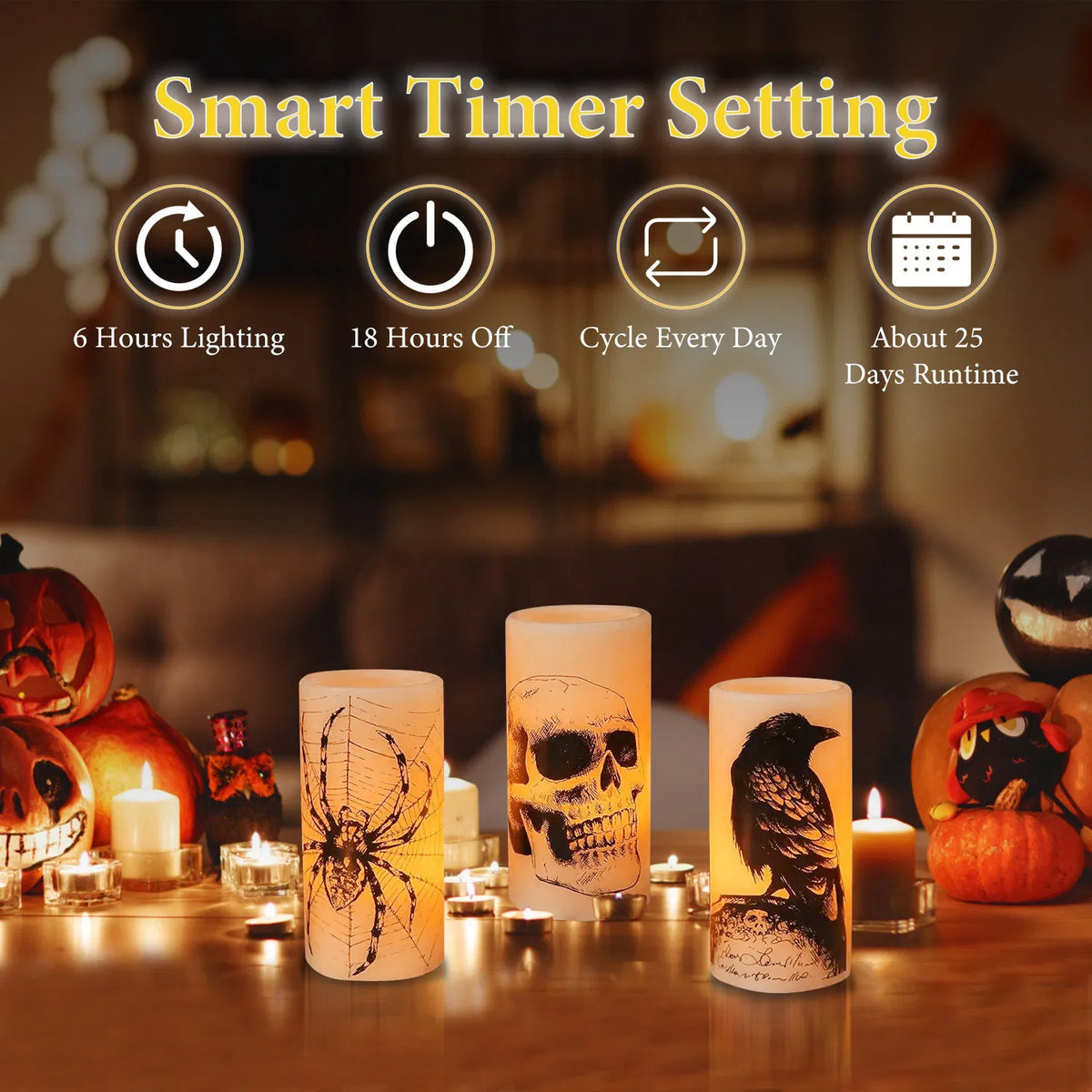 3-Pack Halloween Flameless LED Candles with 6H Timer, Battery Operated Spider Skull Crow Pillar Candles, Warm Orange Glow