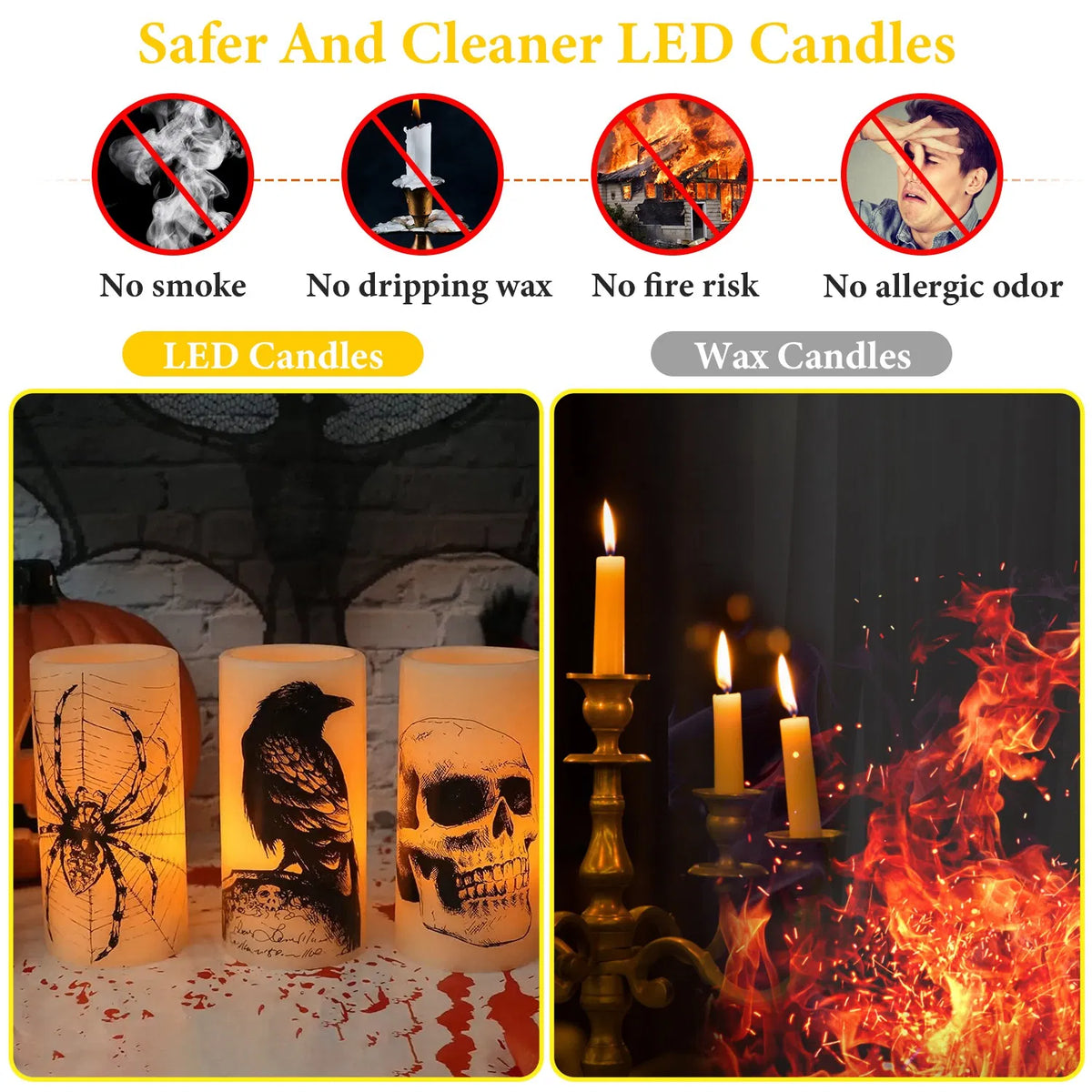 3-Pack Halloween Flameless LED Candles with 6H Timer, Battery Operated Spider Skull Crow Pillar Candles, Warm Orange Glow