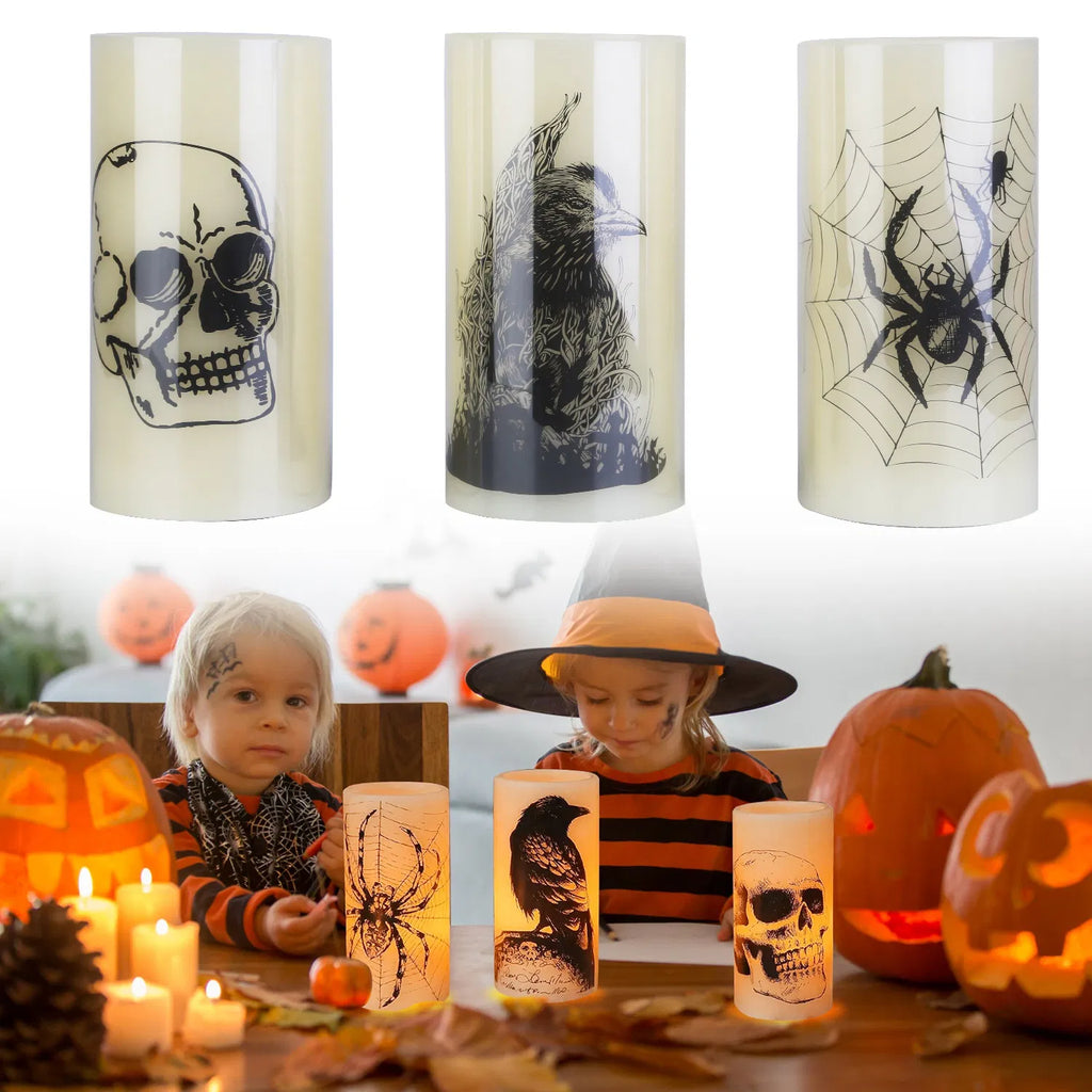 3-Pack Halloween Flameless LED Candles with 6H Timer, Battery Operated Spider Skull Crow Pillar Candles, Warm Orange Glow