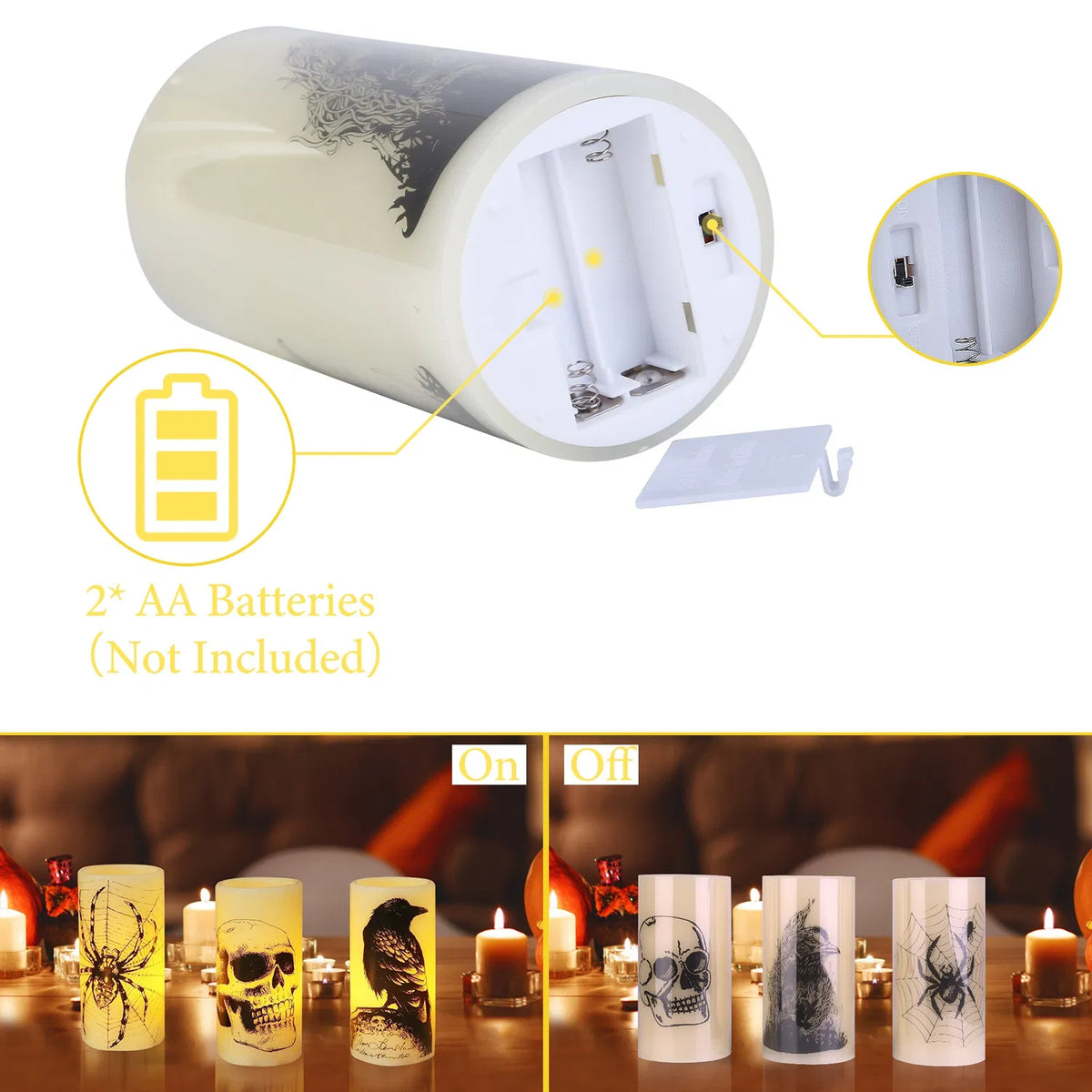 3-Pack Halloween Flameless LED Candles with 6H Timer, Battery Operated Spider Skull Crow Pillar Candles, Warm Orange Glow