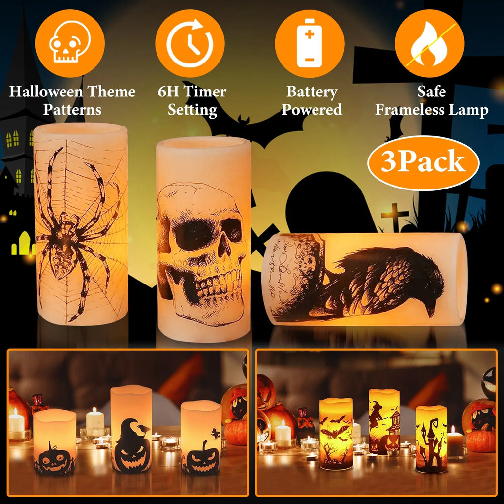 3-Pack Halloween Flameless LED Candles with 6H Timer, Battery Operated Spider Skull Crow Pillar Candles, Warm Orange Glow