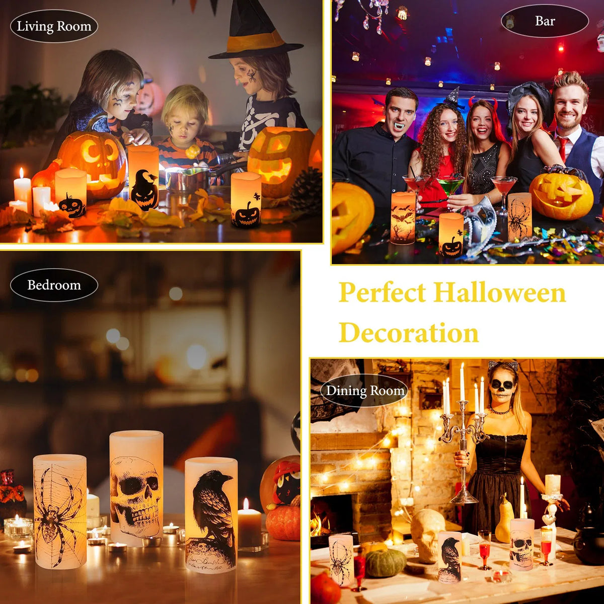 3-Pack Halloween Flameless LED Candles with 6H Timer, Battery Operated Spider Skull Crow Pillar Candles, Warm Orange Glow
