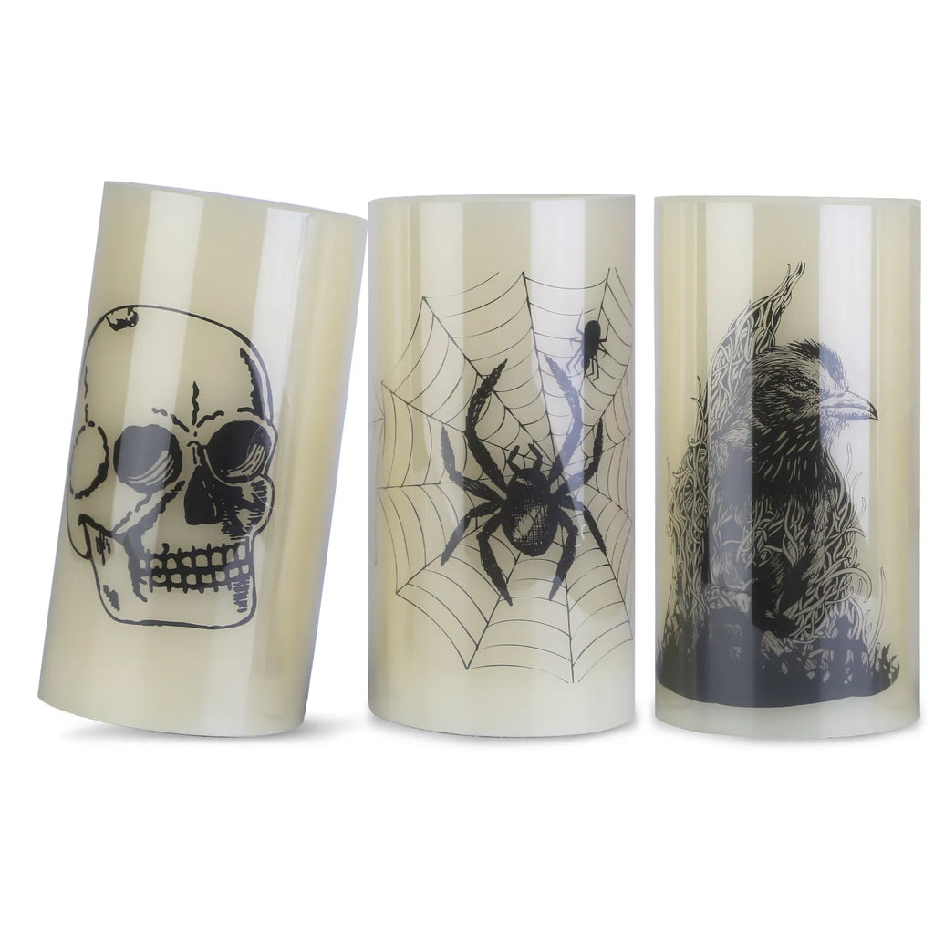 3-Pack Halloween Flameless LED Candles with 6H Timer, Battery Operated Spider Skull Crow Pillar Candles, Warm Orange Glow