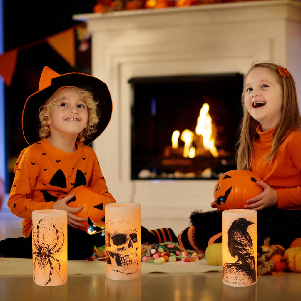 3-Pack Halloween Flameless LED Candles with 6H Timer, Battery Operated Spider Skull Crow Pillar Candles, Warm Orange Glow