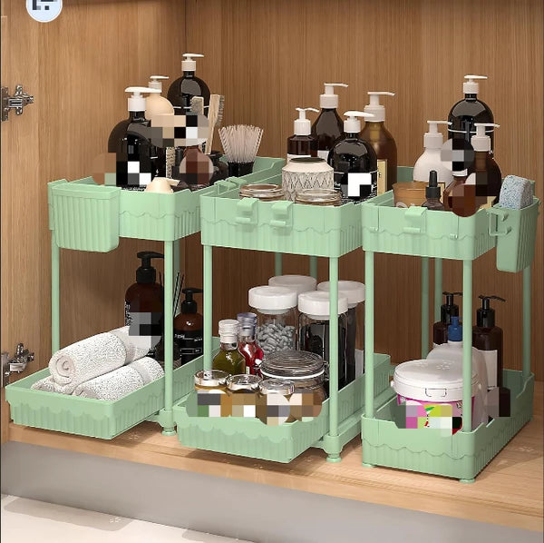 Aeelleea 2-Tier Green Plastic Storage Cart, Two Large & One Medium Perforated Drain Tray Organizer with Hooks & Hanging Cup for Kitchen Bathroom
