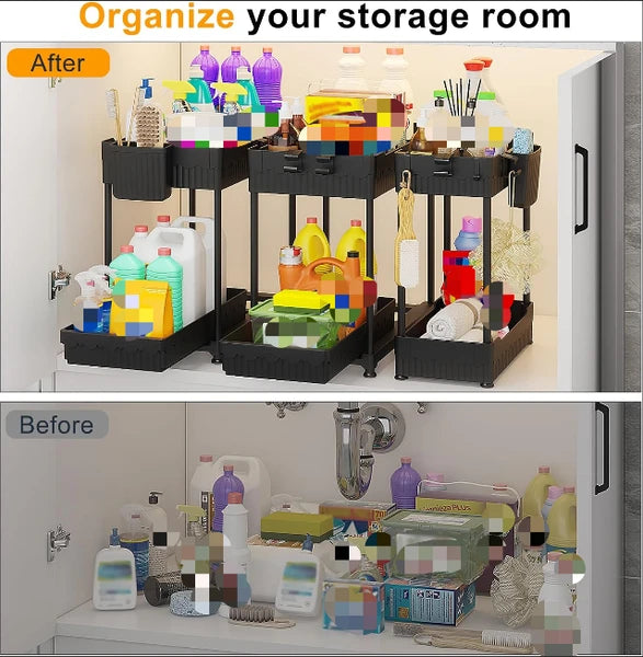 Aeelleea 2 Large +1 Medium 2-Tier Black Under Sink Storage Organizer, Kitchen Bathroom Counter Storage Rack With Hooks And Hanging Cup