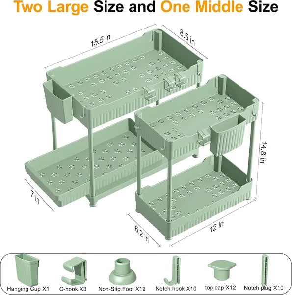 Aeelleea 2-Tier Green Plastic Storage Cart, Two Large & One Medium Perforated Drain Tray Organizer with Hooks & Hanging Cup for Kitchen Bathroom