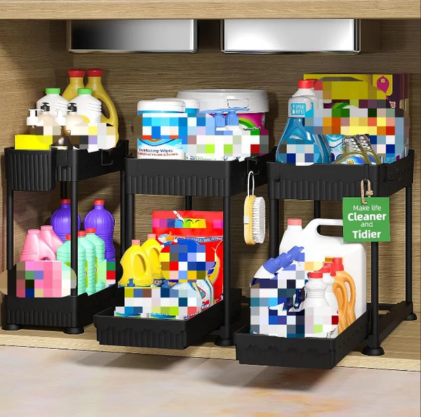 Aeelleea 2 Large +1 Medium 2-Tier Black Under Sink Storage Organizer, Kitchen Bathroom Counter Storage Rack With Hooks And Hanging Cup