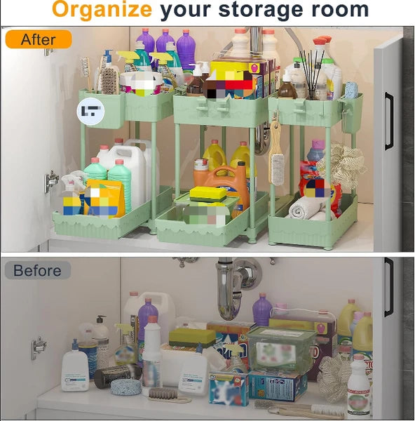 Aeelleea 2-Tier Green Plastic Storage Cart, Two Large & One Medium Perforated Drain Tray Organizer with Hooks & Hanging Cup for Kitchen Bathroom