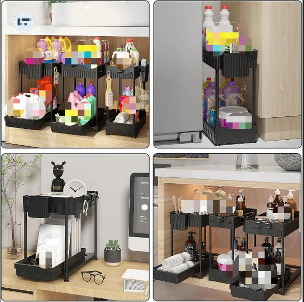 Aeelleea 2 Large +1 Medium 2-Tier Black Under Sink Storage Organizer, Kitchen Bathroom Counter Storage Rack With Hooks And Hanging Cup