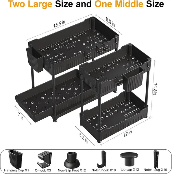 Aeelleea 2 Large +1 Medium 2-Tier Black Under Sink Storage Organizer, Kitchen Bathroom Counter Storage Rack With Hooks And Hanging Cup