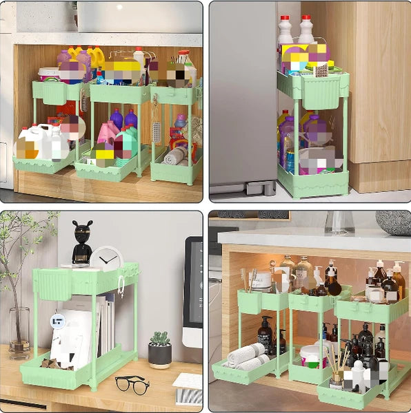 Aeelleea 2-Tier Green Plastic Storage Cart, Two Large & One Medium Perforated Drain Tray Organizer with Hooks & Hanging Cup for Kitchen Bathroom