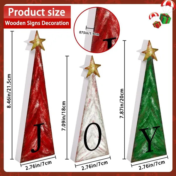 Aeelleea 3 PCS Wooden Christmas Tree Decor with Gold Stars, Farmhouse Tiered Tray Tabletop Xmas JOY Signs