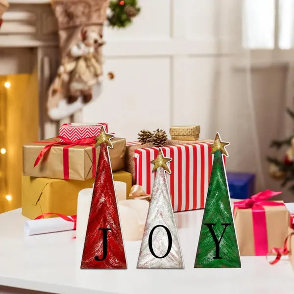 Aeelleea 3 PCS Wooden Christmas Tree Decor with Gold Stars, Farmhouse Tiered Tray Tabletop Xmas JOY Signs
