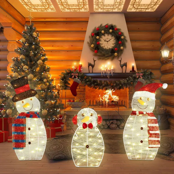 Aeelleea 3Pcs Christmas Snowman Family Decor, 2D Plush Wrapped Metal Frame, 9.84FT USB LED Light String for Yard Holiday Decoration