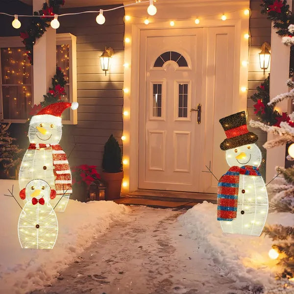 Aeelleea 3Pcs Christmas Snowman Family Decor, 2D Plush Wrapped Metal Frame, 9.84FT USB LED Light String for Yard Holiday Decoration