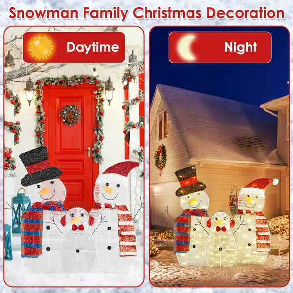 Aeelleea 3Pcs Christmas Snowman Family Decor, 2D Plush Wrapped Metal Frame, 9.84FT USB LED Light String for Yard Holiday Decoration