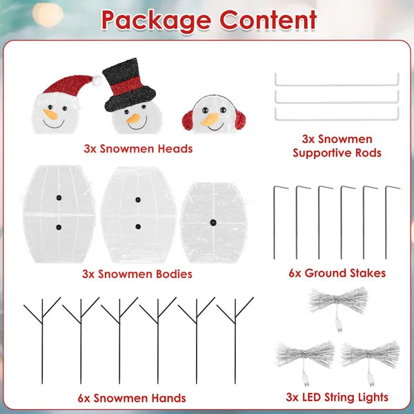 Aeelleea 3Pcs Christmas Snowman Family Decor, 2D Plush Wrapped Metal Frame, 9.84FT USB LED Light String for Yard Holiday Decoration