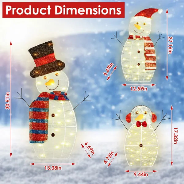 Aeelleea 3Pcs Christmas Snowman Family Decor, 2D Plush Wrapped Metal Frame, 9.84FT USB LED Light String for Yard Holiday Decoration