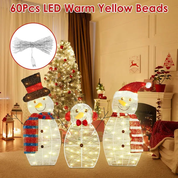 Aeelleea 3Pcs Christmas Snowman Family Decor, 2D Plush Wrapped Metal Frame, 9.84FT USB LED Light String for Yard Holiday Decoration