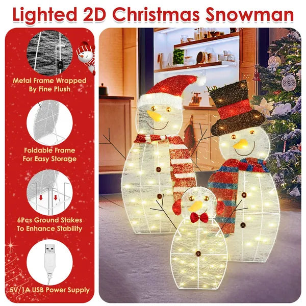 Aeelleea 3Pcs Christmas Snowman Family Decor, 2D Plush Wrapped Metal Frame, 9.84FT USB LED Light String for Yard Holiday Decoration