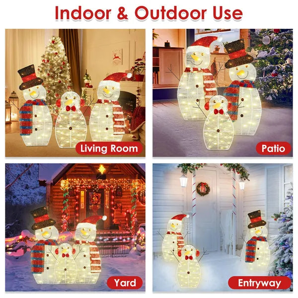 Aeelleea 3Pcs Christmas Snowman Family Decor, 2D Plush Wrapped Metal Frame, 9.84FT USB LED Light String for Yard Holiday Decoration