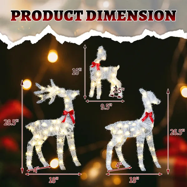 AEELLEEA 3-Piece Lighted Tinsel Christmas Reindeer Family Set, Pre-lit 110 Warm White LED Lights, Weatherproof Outdoor Yard Holiday Decor