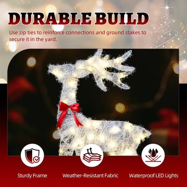 AEELLEEA 3-Piece Lighted Tinsel Christmas Reindeer Family Set, Pre-lit 110 Warm White LED Lights, Weatherproof Outdoor Yard Holiday Decor