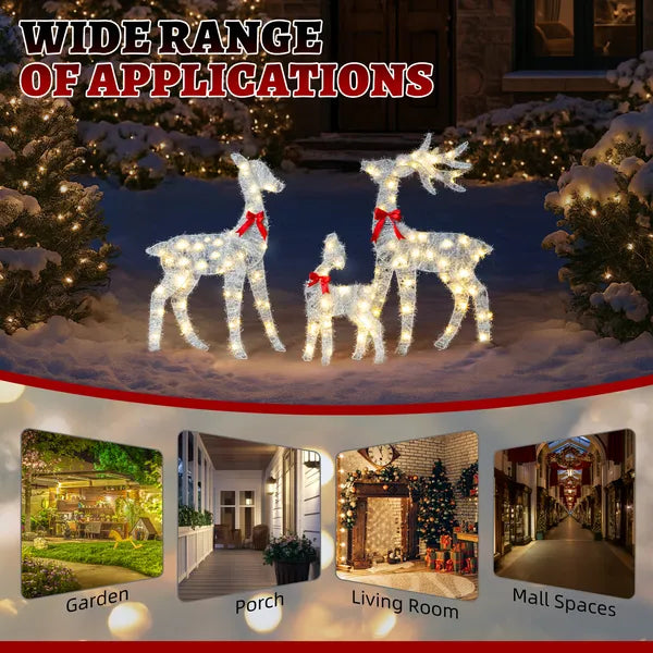 AEELLEEA 3-Piece Lighted Tinsel Christmas Reindeer Family Set, Pre-lit 110 Warm White LED Lights, Weatherproof Outdoor Yard Holiday Decor