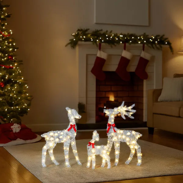 AEELLEEA 3-Piece Lighted Tinsel Christmas Reindeer Family Set, Pre-lit 110 Warm White LED Lights, Weatherproof Outdoor Yard Holiday Decor