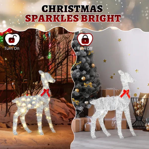 AEELLEEA 3-Piece Lighted Tinsel Christmas Reindeer Family Set, Pre-lit 110 Warm White LED Lights, Weatherproof Outdoor Yard Holiday Decor